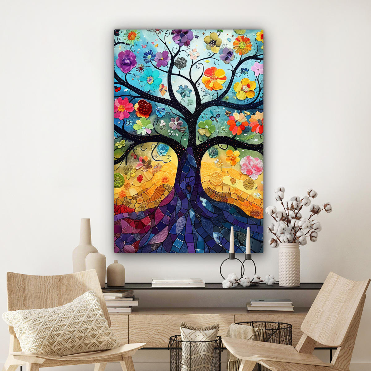 LEINWANDBILD Kunst - Baum des Lebens - Blumen - Hippie Deko XXL 80x120 cm - Dunkelblau, Textil (80/120cm) - MuchoWow