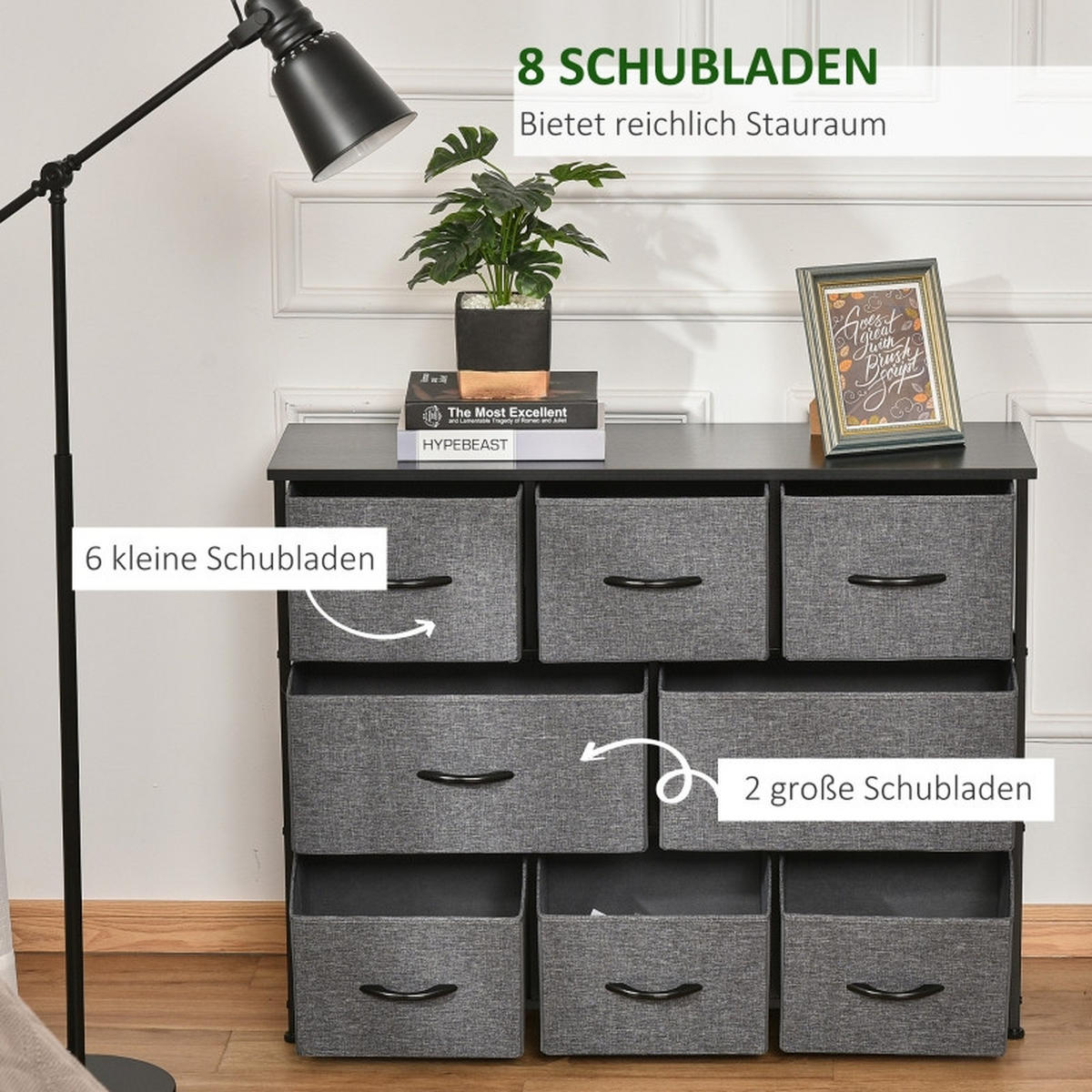 KOMMODE mit 8 Schubladen und verstellbaren Einlegeböden, 100 x 30 x 78,5 cm, Dunkelgrau, Polyester - Dunkelgrau, Textil (100/78.5/30cm) - SONNENH