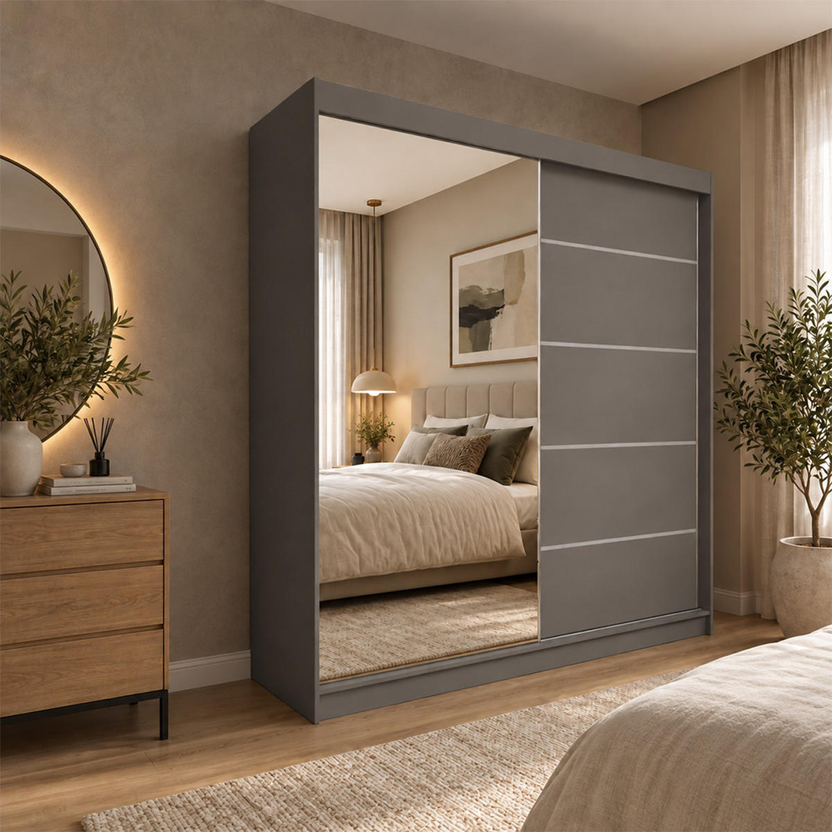 KLEIDERSCHRANK Malika 200 cm Graphit Spiegel 2 Schubl. Griffe silber - Graphitfarben, Holzwerkstoff (200/216/61cm) - KS Home Concept