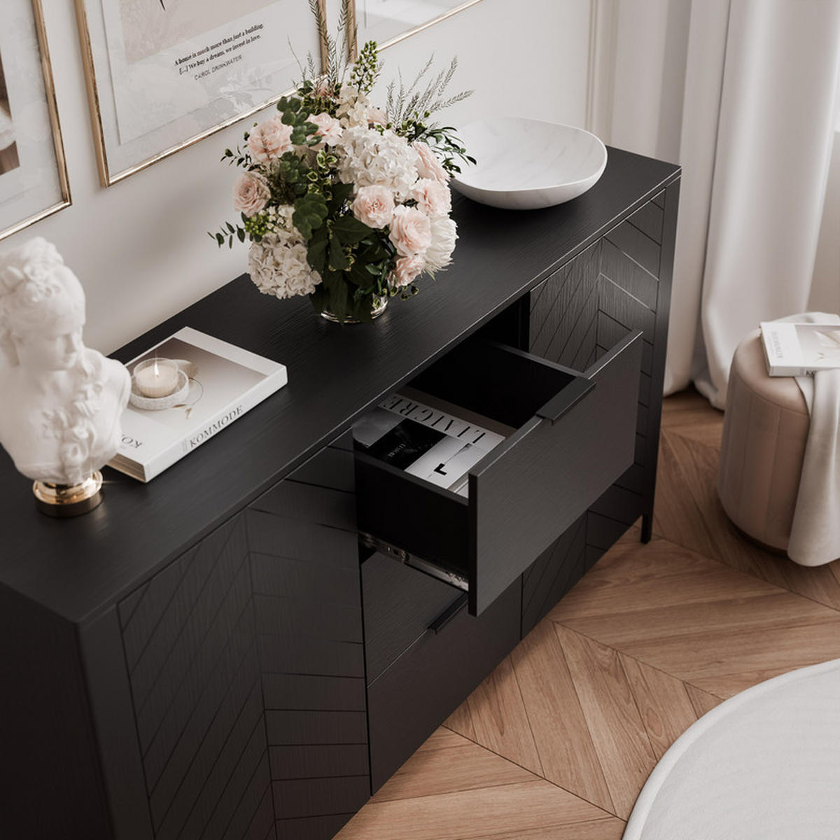 KOMMODE LORIEN 153 cm, 3 Schublade(n) Schwarz - Schwarz, Holzwerkstoff/Metall (153.1/95.1/40.6cm) - Idohome