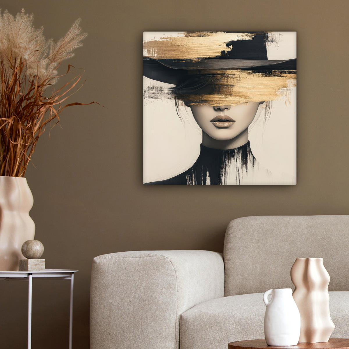 LEINWANDBILD Frau - Hut - Farbe 50x50 cm - Goldfarben, Textil (50/50cm) - MuchoWow