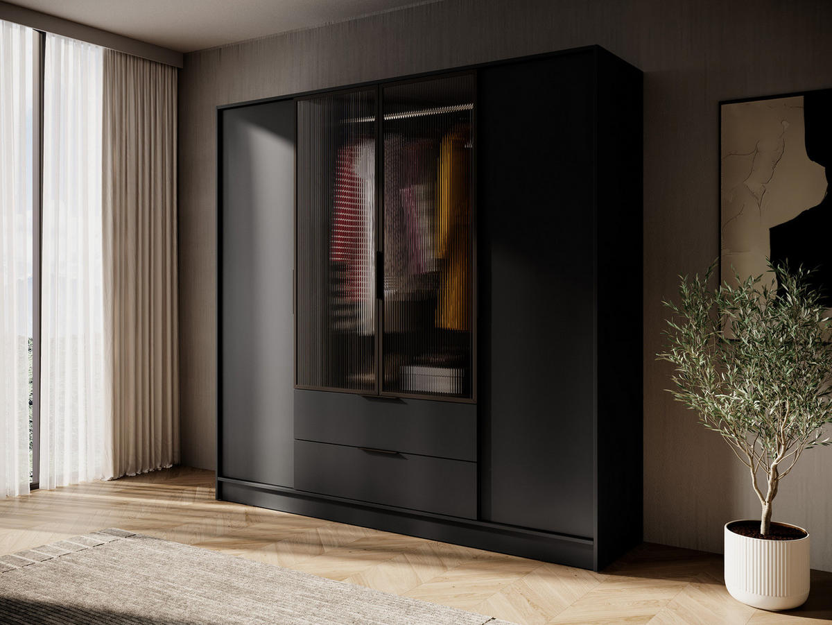 KLEIDERSCHRANK RICADI 4D RM (Schwarz, Riffelglas, 4 Türen, 2 Schubladen, Kunststoffgriffe) - Schwarz, Holz/Holzwerkstoff (206/200/51cm) - Ravio