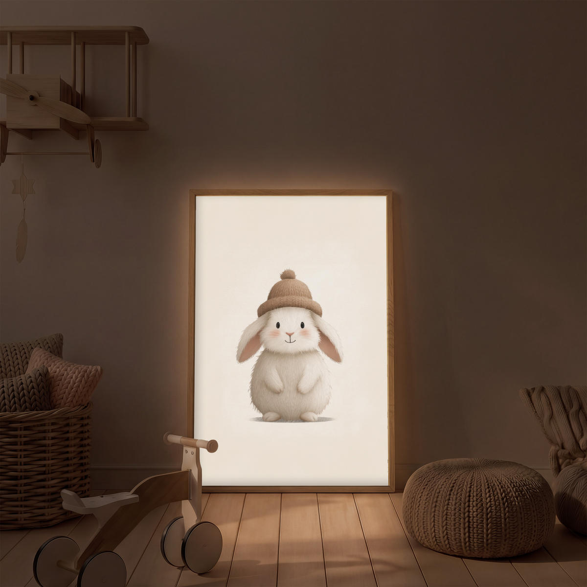NÁSTĚNNÁ LAMPA S AKUMULÁTOREM Králík - Klobouk - Uši - béžový 70x100 cm - krémová, kompozitní dřevo (70/100/8cm) - OnlyWow