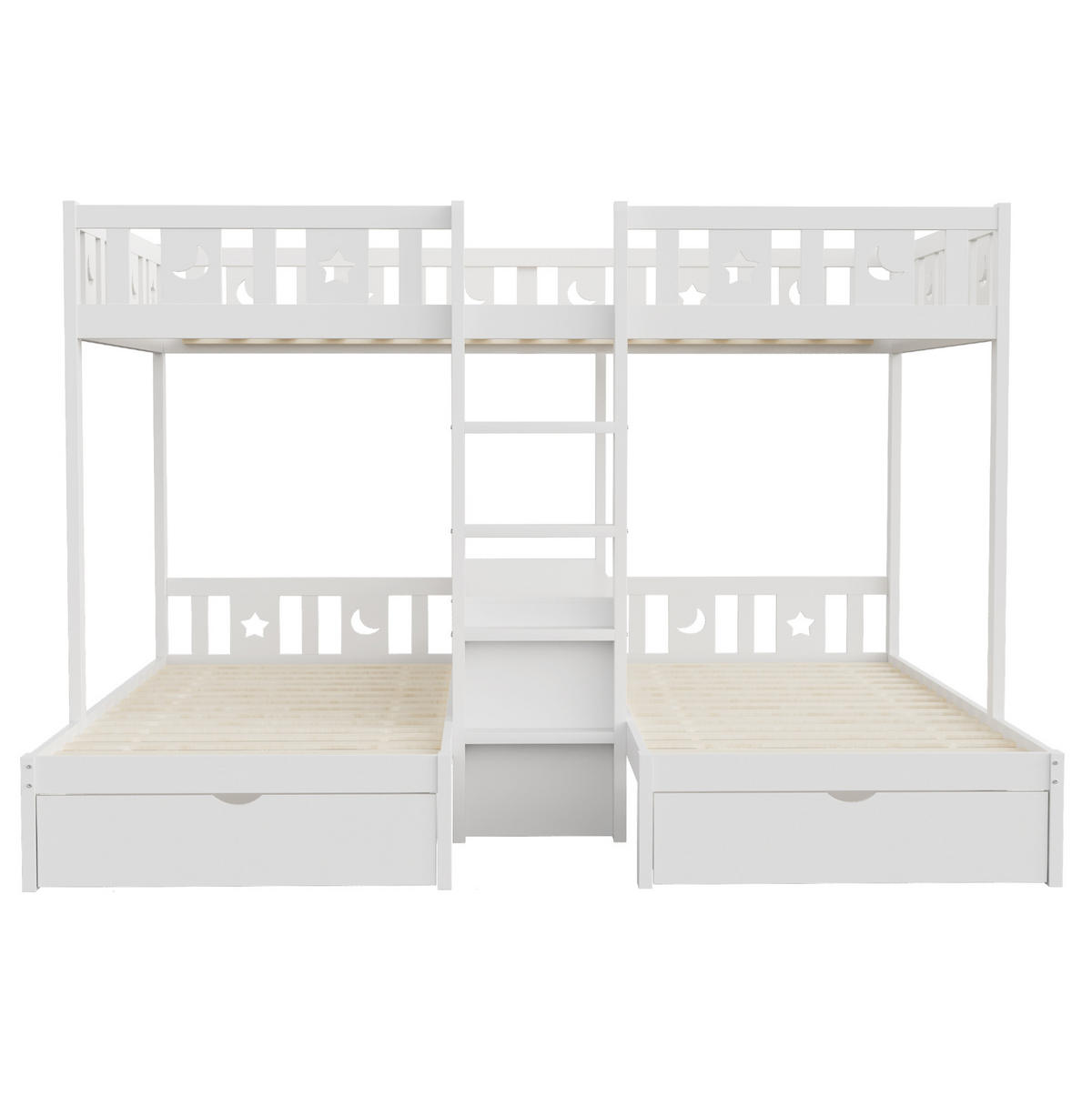 HOCHBETT Etagenbett 140/200 und 2x 90/200 cm aus Holz mit Stern-Mond-Geländer und 2 Schubladen Weiß - Weiß, Holz (140/200cm) - Modenvie