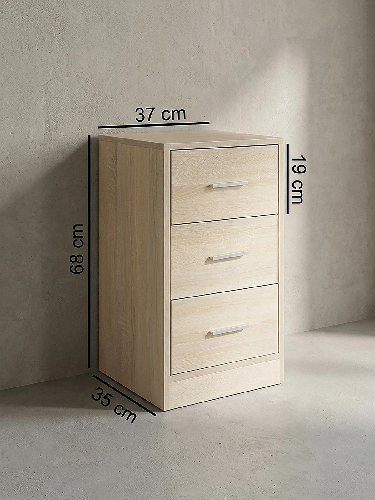 NACHTTISCH Holz 3 Schubladen Melaminbeschichtet Modern, Beige 38x35x68 cm - Beige, Holz/Kunststoff (38/68/35cm) - KADIMA DESIGN