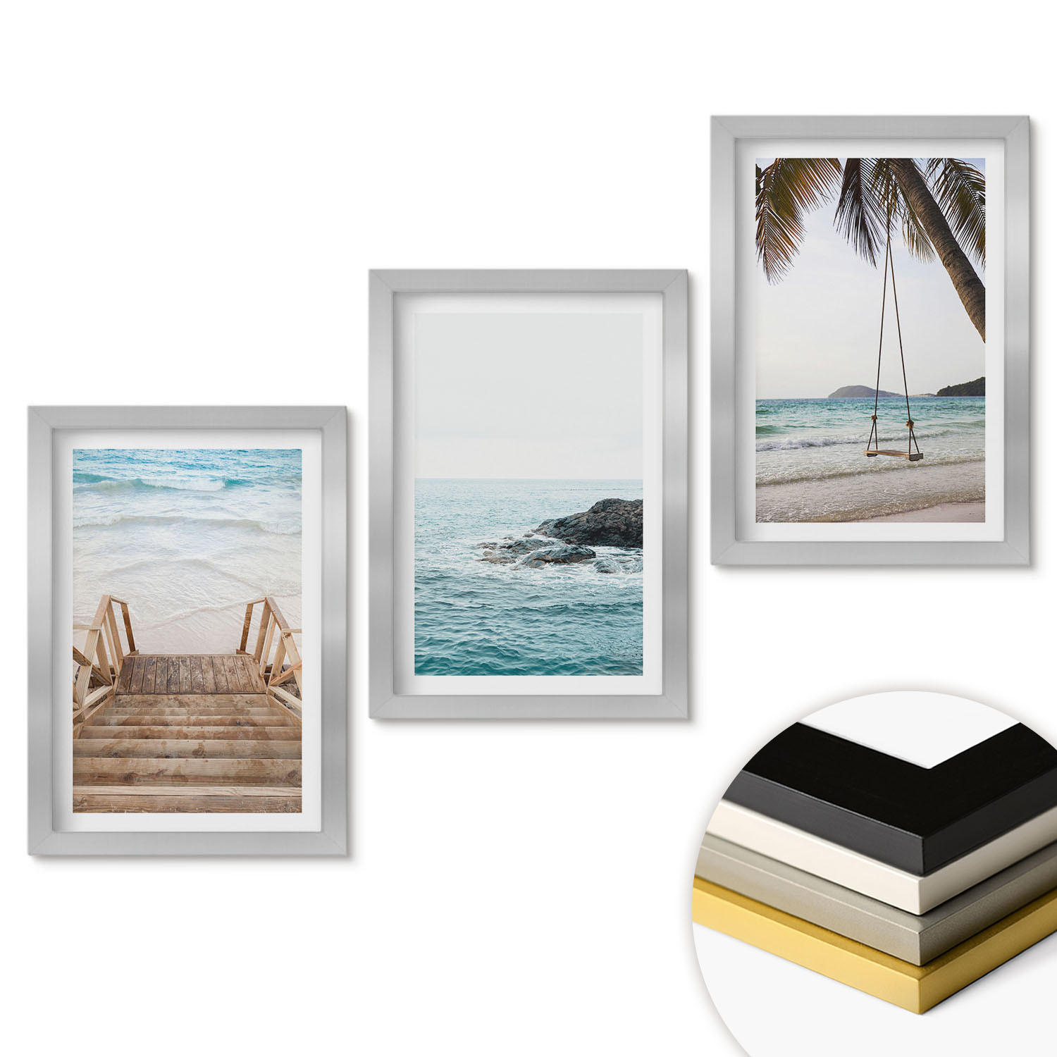 WANDBILDER 3er Set - 20x30 cm Silberner Rahmen - Treppe Strand Meer Schaukel - Silberfarben, Kunststoff (20/30cm) - ArtPrintCave