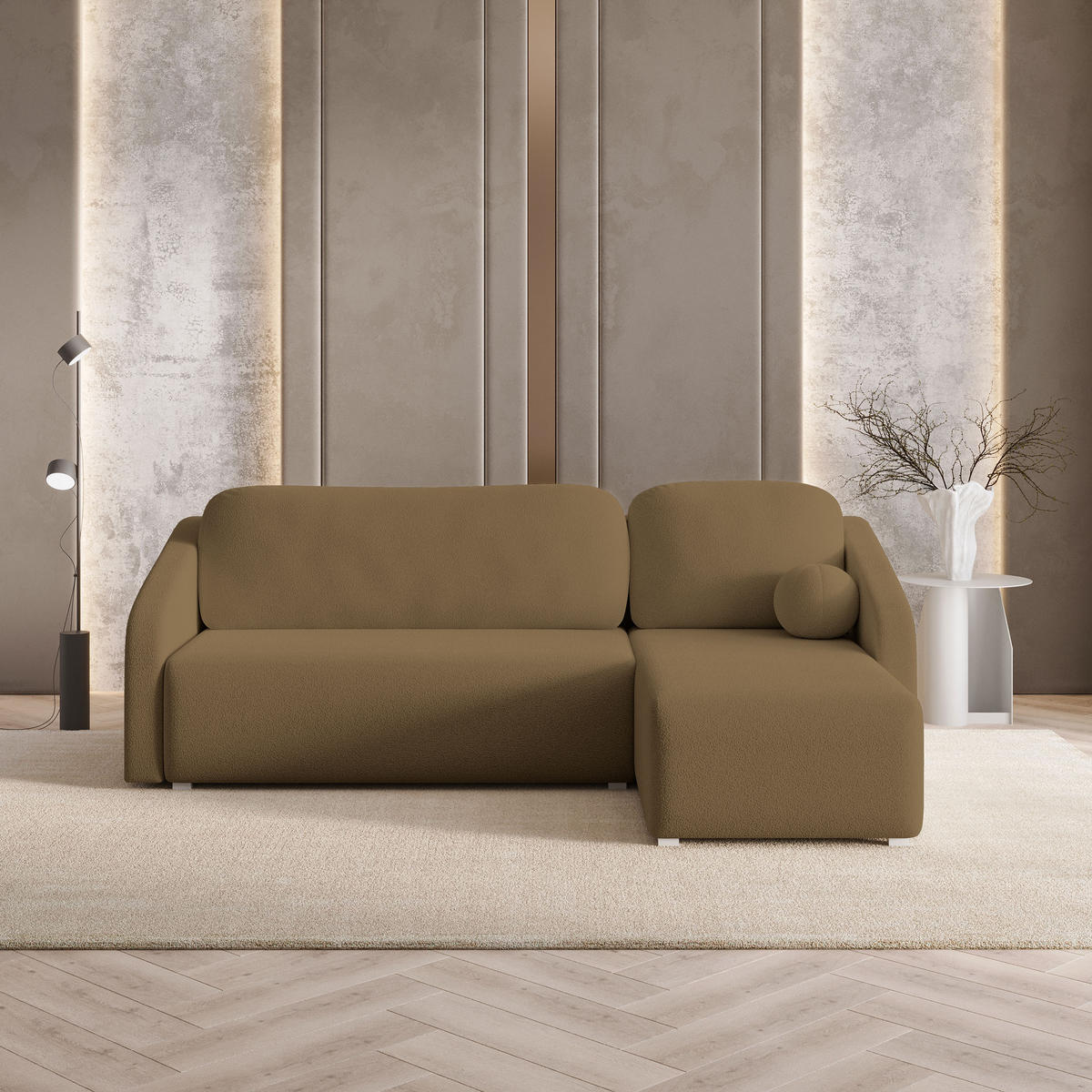 ECKSOFA MARELLO Orange Boucle-Stoff mit Schlaffunktion - Orange, Holz (220/143cm) - MASSENO