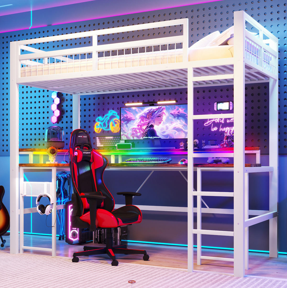HOCHBETT 90/200 cm Weiß mit LED und Schreibtisch ohne Matratze - Weiß, Metall (90/200cm) - MIVRAY