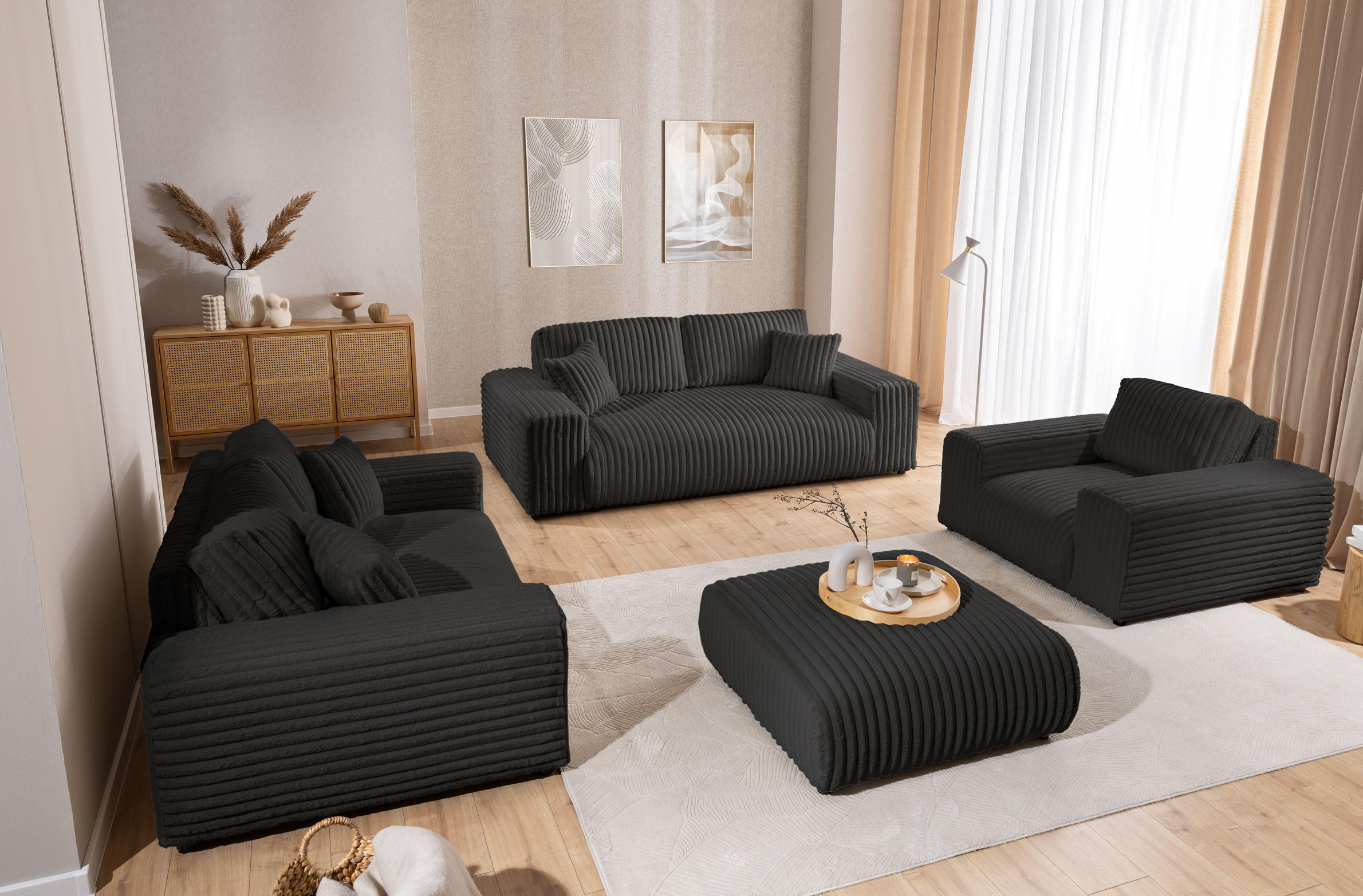 SITZGARNITUR 3+2+1 Mollis Dunkelgrau Plüschcord - Dunkelgrau/Schwarz, Holz/Kunststoff (213/79/108cm) - S-Style Möbel