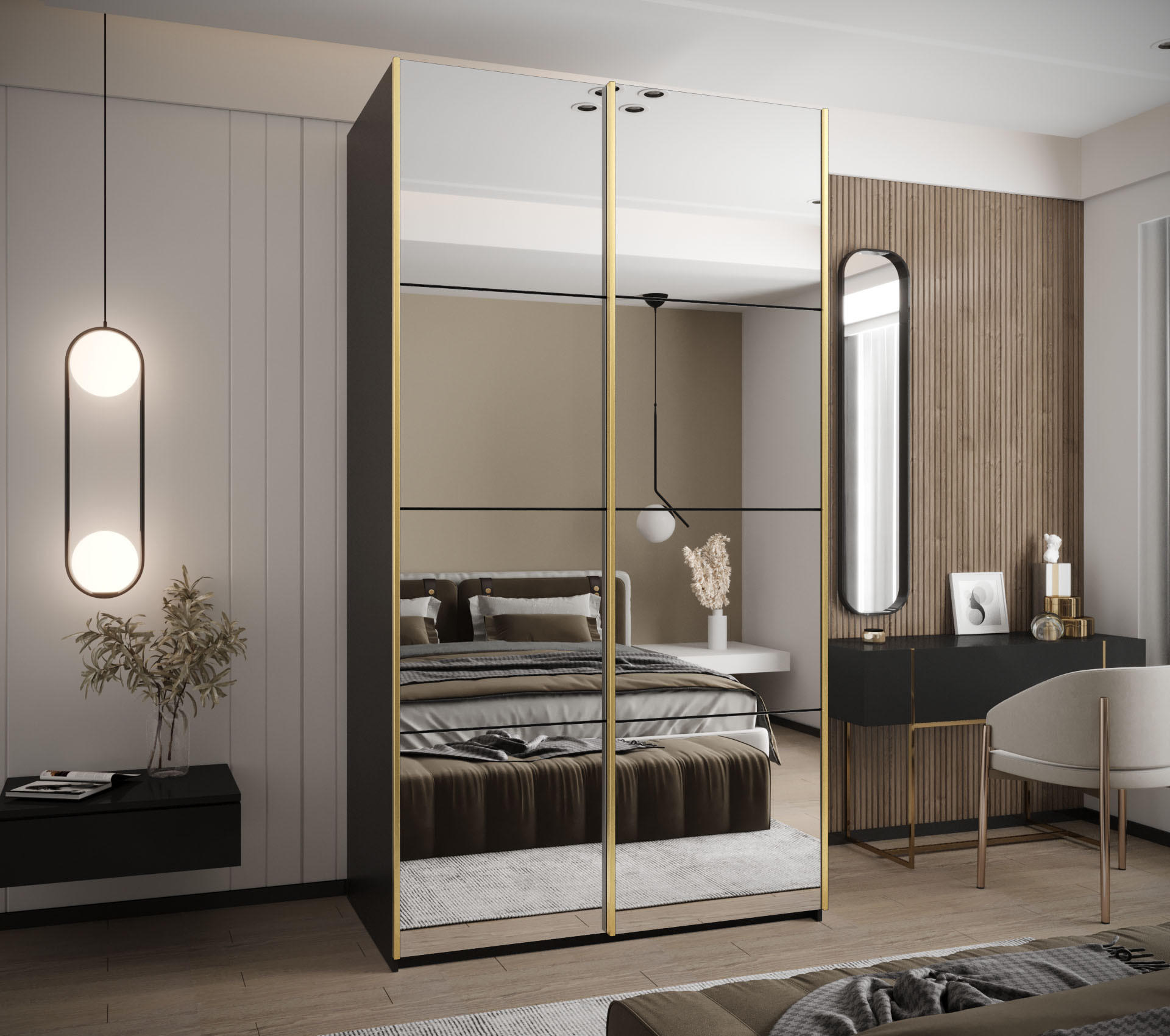 SCHWEBETÜRENSCHRANK 245,5/140/64 2-türig - Goldfarben/Schwarz, Holz/Metall (140/245/64cm) - Abiks Möbel