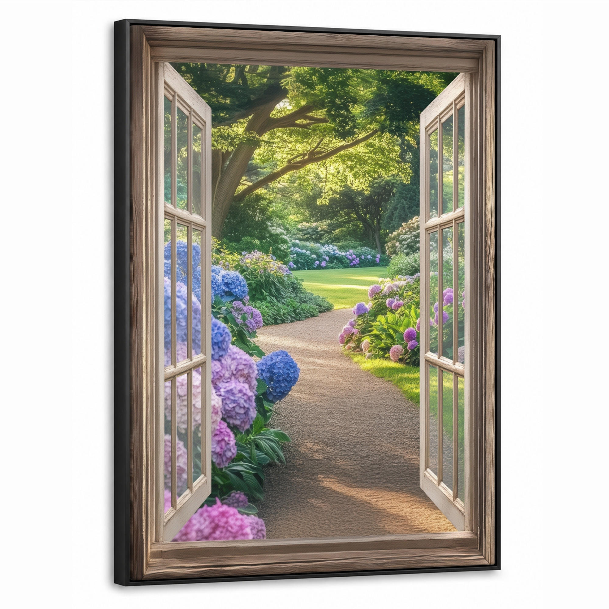 LEINWAND Bilder mit Rahmen - Aussicht - Garten - Fenster - Hortensie - Blumen - 70x100 - Pastellblau, Textil (70/100cm) - MuchoWow