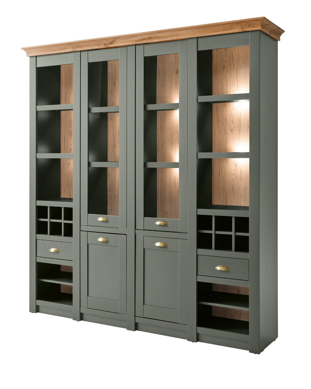 BUFFETSCHRANK grün, Wotan Eiche Landhaus, Vitrinenschrank mit Weinregal - Dunkelgrün/Messingfarben, Glas/Holzwerkstoff (194/207/45cm) - Furn.Design