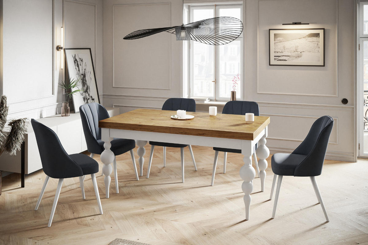 ESSZIMMERTISCH LENA, ausziehbarer Tisch 120-160X80X78,5 cm, Farbe: LANCELOT, mit Tischbeinen in Farbe Weiß - Beige/Weiß, Holzwerkstoff (120/80/79cm) - Alpi-Möbel