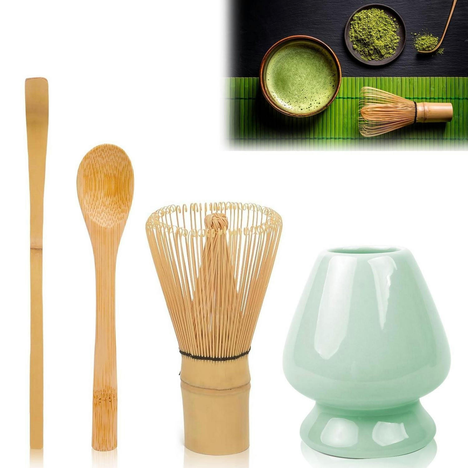 MATCHA Besen Set 4-teilig mit Löffeln und Halter cyanfarben - Türkis, Naturmaterialien (8/1.5/20cm)