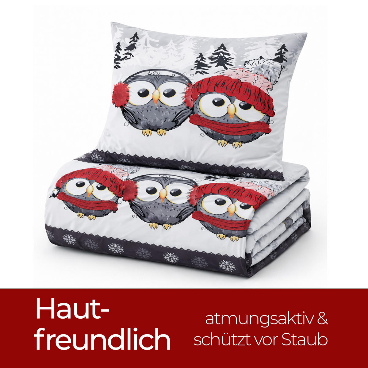 BETTWÄSCHE Feinbiber Herbst/Winter 135/200 cm Grau (Eule) - Rot/Grau, Textil (135/200cm) - Bestlivings