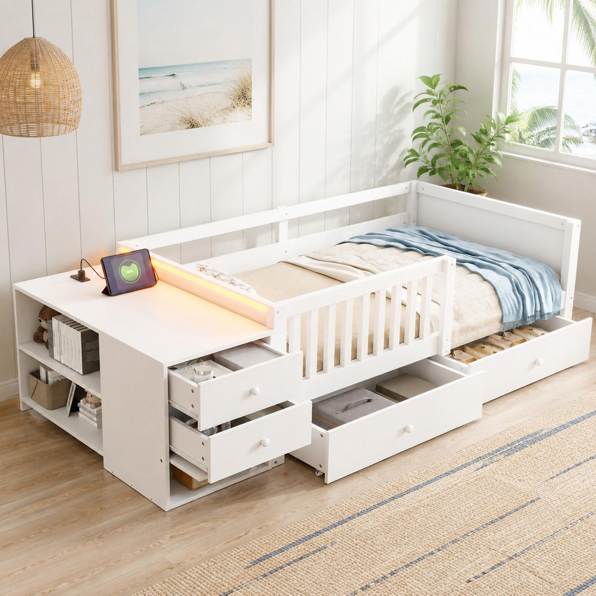 KINDERBETT 90/200 mit Stauraum, Schreibtisch, LED und Steckdose in Weiß - Weiß, Holzwerkstoff (90/200cm) - EVRYAE