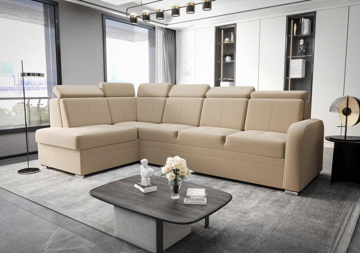 ECKSOFA KONGO RBN11, Eckcouch in L-Form mit Schlaffunktion, Farbe: Beige, Velourstoff, Ottomane Links - Beige, Textil (304/180cm) - O-Sofa