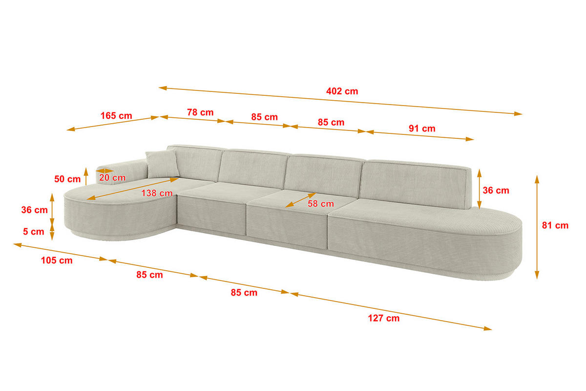 ECKSOFA Ottomane Links MARI-L3 - 402x163x81 cm Hellgrau Cord - Hellgrau/Schwarz, Holzwerkstoff/Kunststoff (165/406cm) - ALTDECOR
