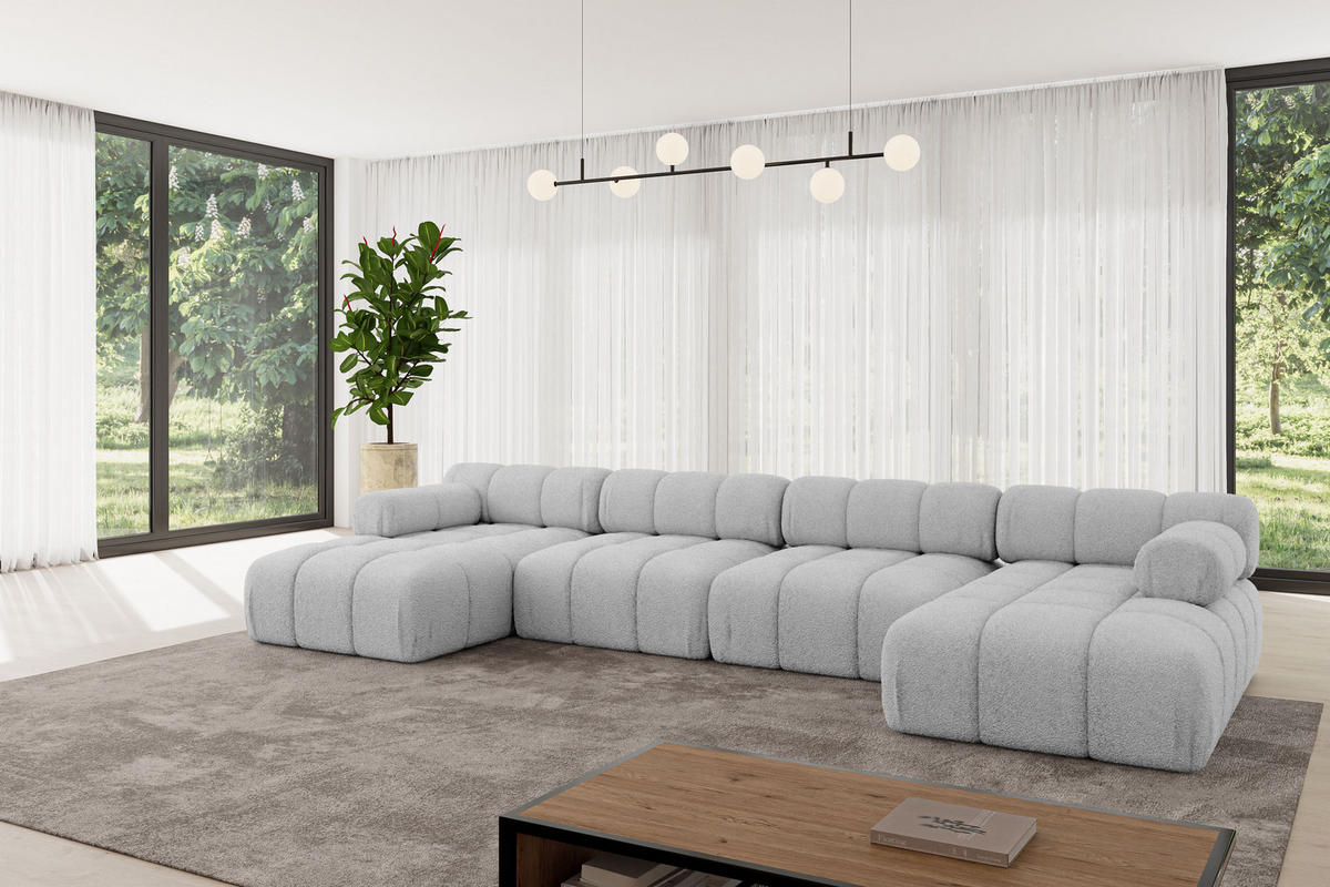 WOHNLANDSCHAFT modulares Sofa Tesso-U2 - 380x160x70 cm Hellgrau Bouclé - Hellgrau, Holzwerkstoff/Textil (380/70/160cm) - ALTDECOR