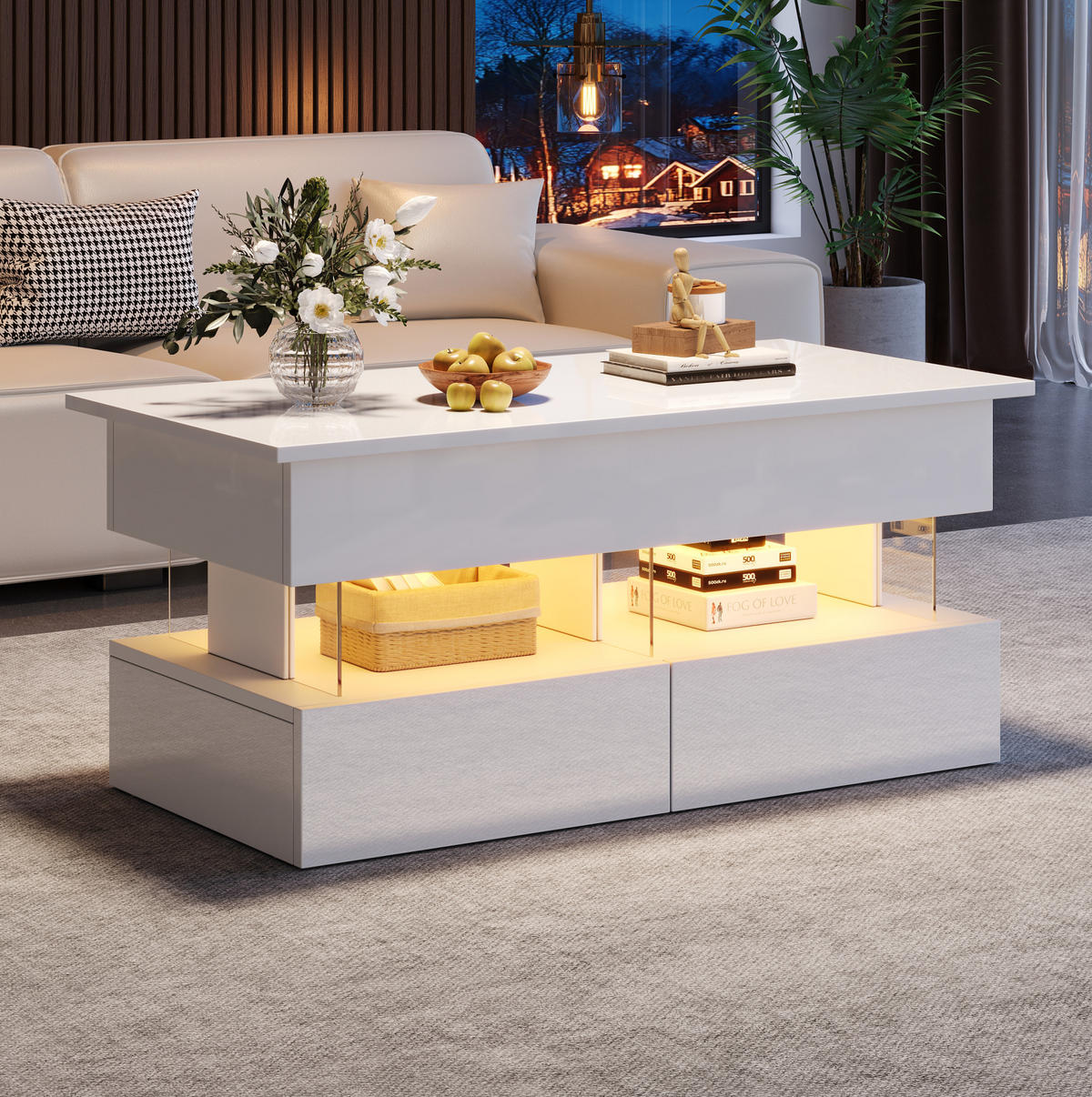 COUCHTISCH 100/50/46 cm in Weiß mit höhenverstellbarer Platte und LED-Beleuchtung - Weiß, Holzwerkstoff (120/50/46cm) - Flora Grace