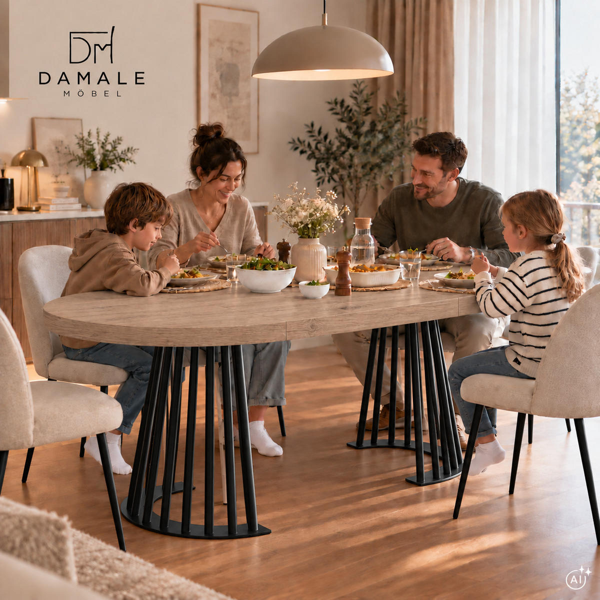 ESSTISCH rund ausziehbar 100/300/76 cm, Graubraun Eiche Halifax Egger, 54 cm Tischplatte + Lamellen-Metallgestell Schwarz - Eichefarben/Graubraun, Holzwerkstoff/Metall (100/300/76cm) - Damale Möbel