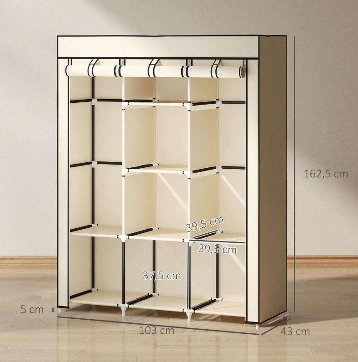 OMARA za oblačila 125/43/162,5 cm z 2 obešalnima palicama in 8 policami, kompaktna in z zadrgo, Kremno bela - krem, tekstil (125/162.5/43cm) - Redom