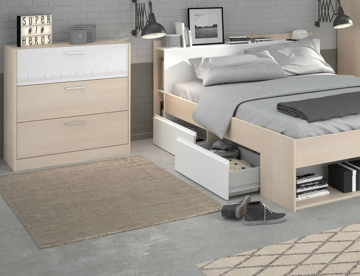 JUGENDZIMMER Set Kleiderschrank Kommode Schreibtisch Bett 140 cm - Silberfarben/Weiß, Holz/Holzwerkstoff (140/179/200cm) - Parisot Meuble