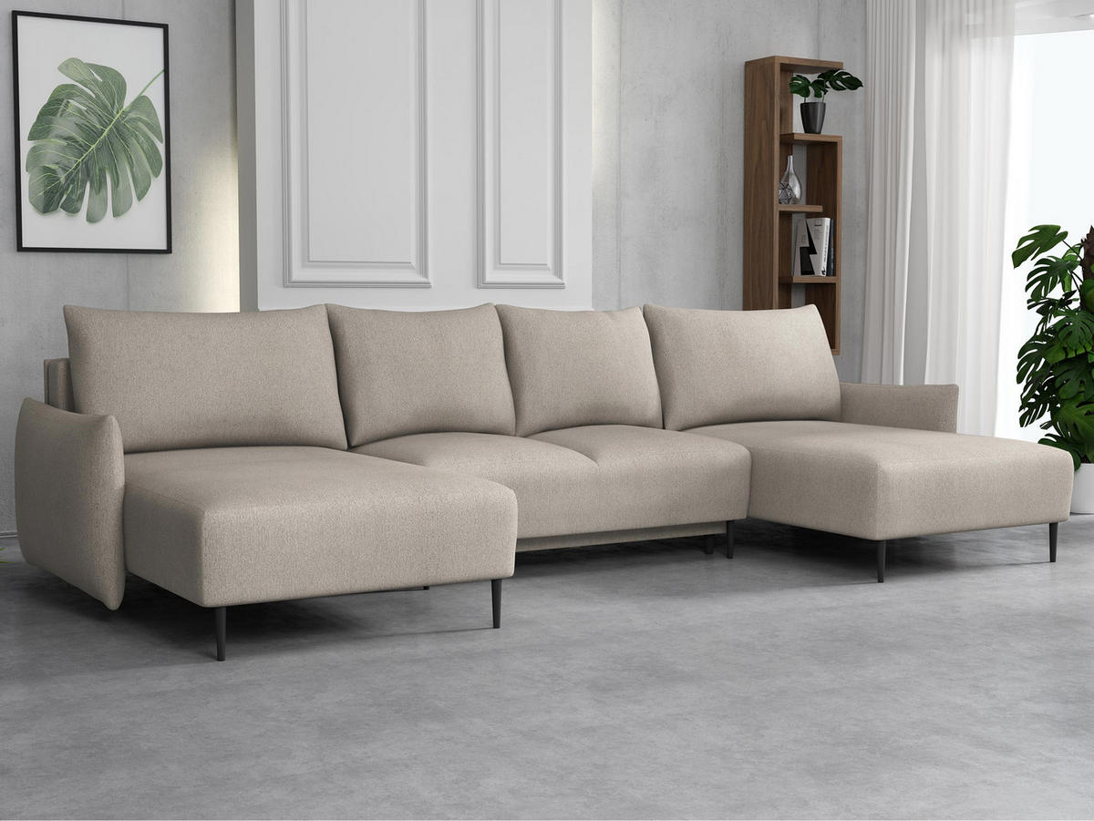 WOHNLANDSCHAFT Santi U - Beige/Schwarz, Holz/Textil (328/88/160cm) - MIRJAN24