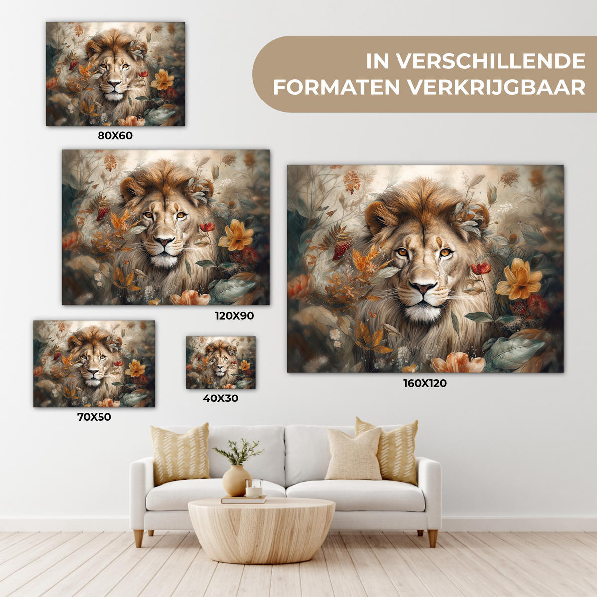 LEINWANDBILD Löwe - Wildtiere - Pflanzen - Natur - Blumen Wandbilder 80x60 cm - Beige, Textil (80/60cm) - MuchoWow