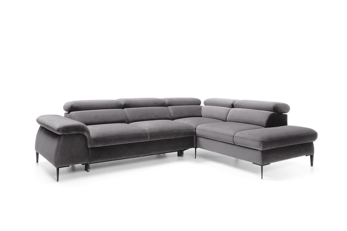 ECKSOFA MESTO Grau Velours-Stoff mit Schlaffunktion - Grau, Holz (280/214cm) - MASSENO