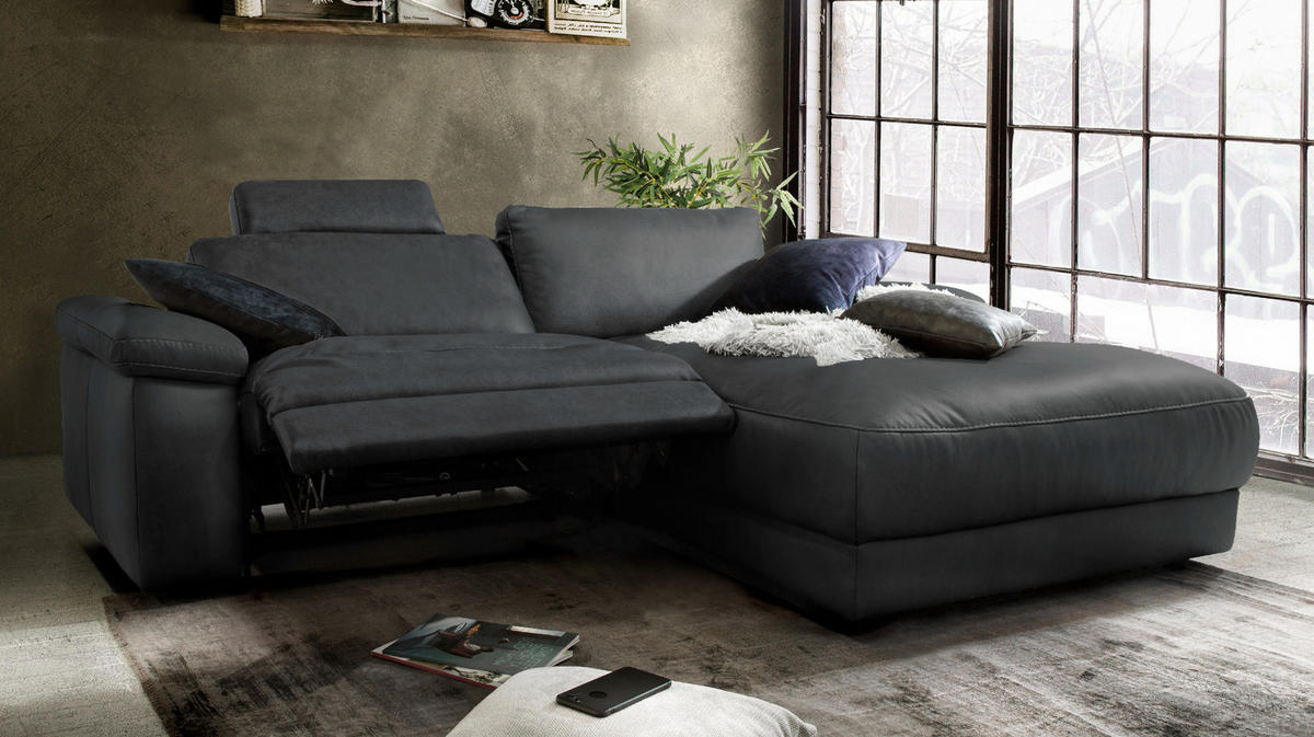 ECKSOFA MOTORISCH. RELAXFUNKTION LOLA Schwarz Leder - Schwarz, Leder (233/178cm) - KAWOLA