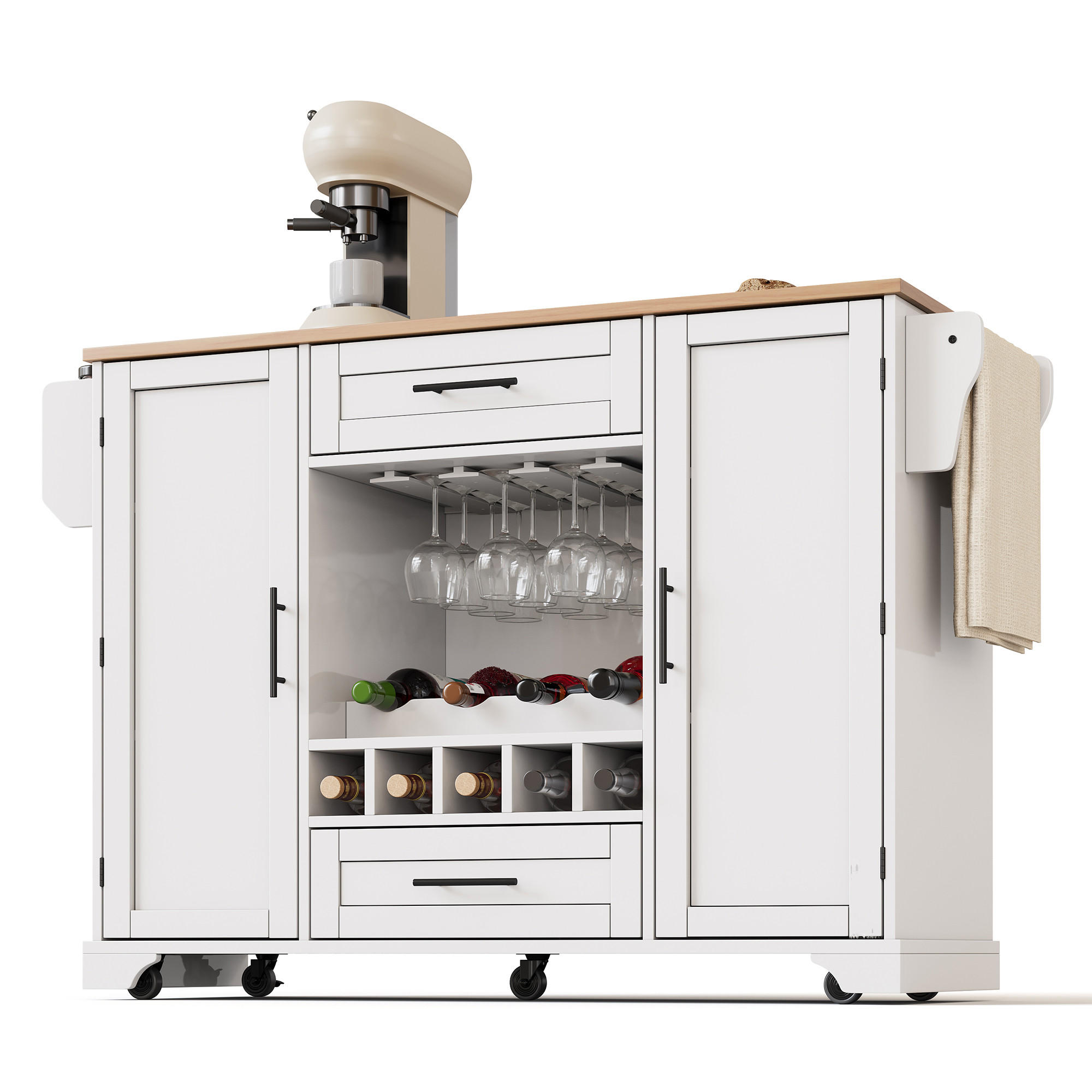 KÜCHENINSEL 138x70x92cm Weiß mit Ausziehplatte, Weinregal, Schubladen & Rollen - Weiß, Holzwerkstoff (138/92/70cm) - Modfu