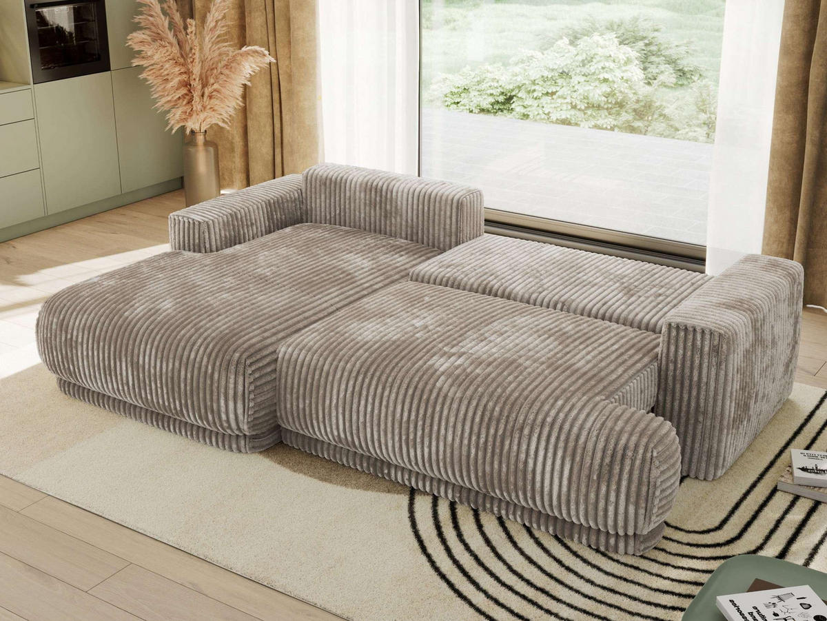 ECKSCHLAFSOFA RINA L Hellbraun Cord - links - Hellbraun/Schwarz, Kunststoff/Textil (267/170cm) - MKS