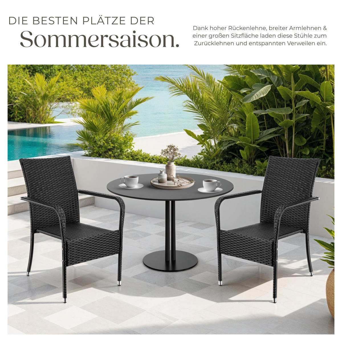 RATTANSTUHL 2er Set Girona,58 x 67 x 90 cm, Belastbarkeit 120 kg,schwarz - Schwarz, Kunststoff (58/90/67cm) - tectake