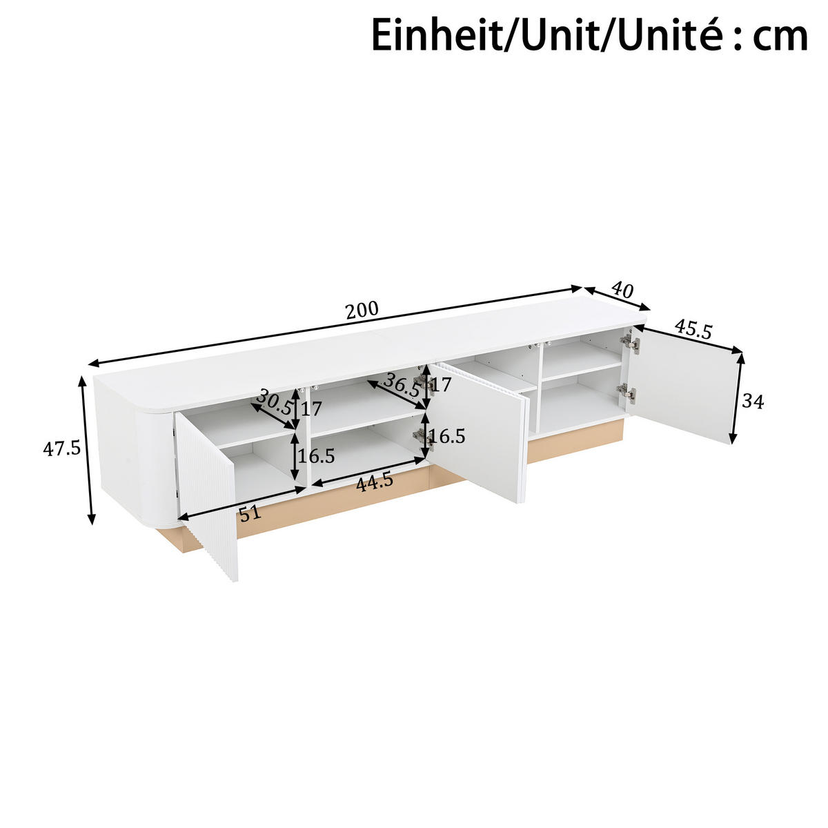 TV-LOWBOARD 200 cm geriffelt 4 Türen - Weiß, Holz (200/47.5/40cm) - LEBENLANG