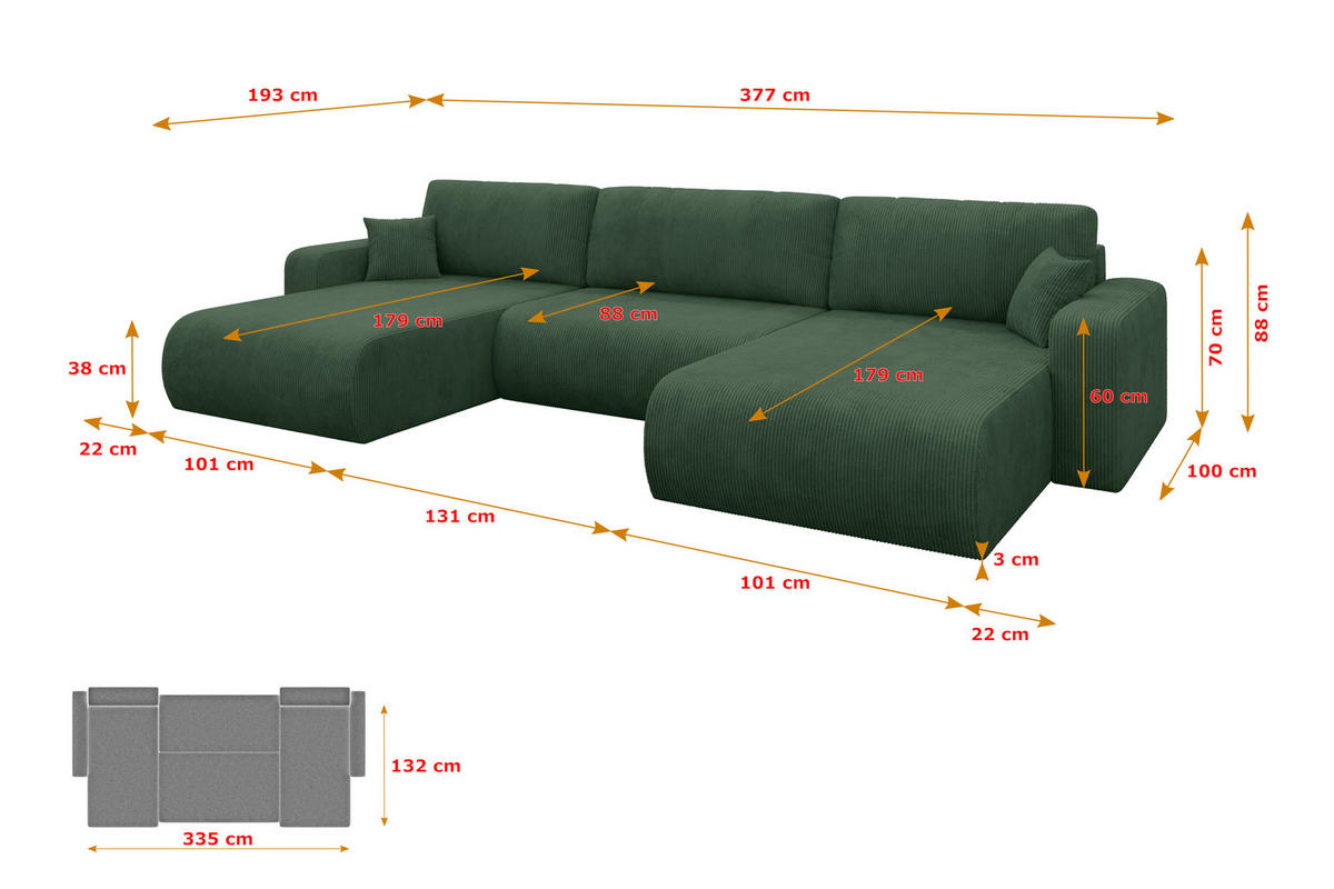 SEDACÍ SOUPRAVA DO U s funkcí spaní a úložným prostorem BERY-U 377x193x88 zelená manšestr - černá/tmavě zelená, kompozitní dřevo/textil (377/88/193cm) - ALTDECOR