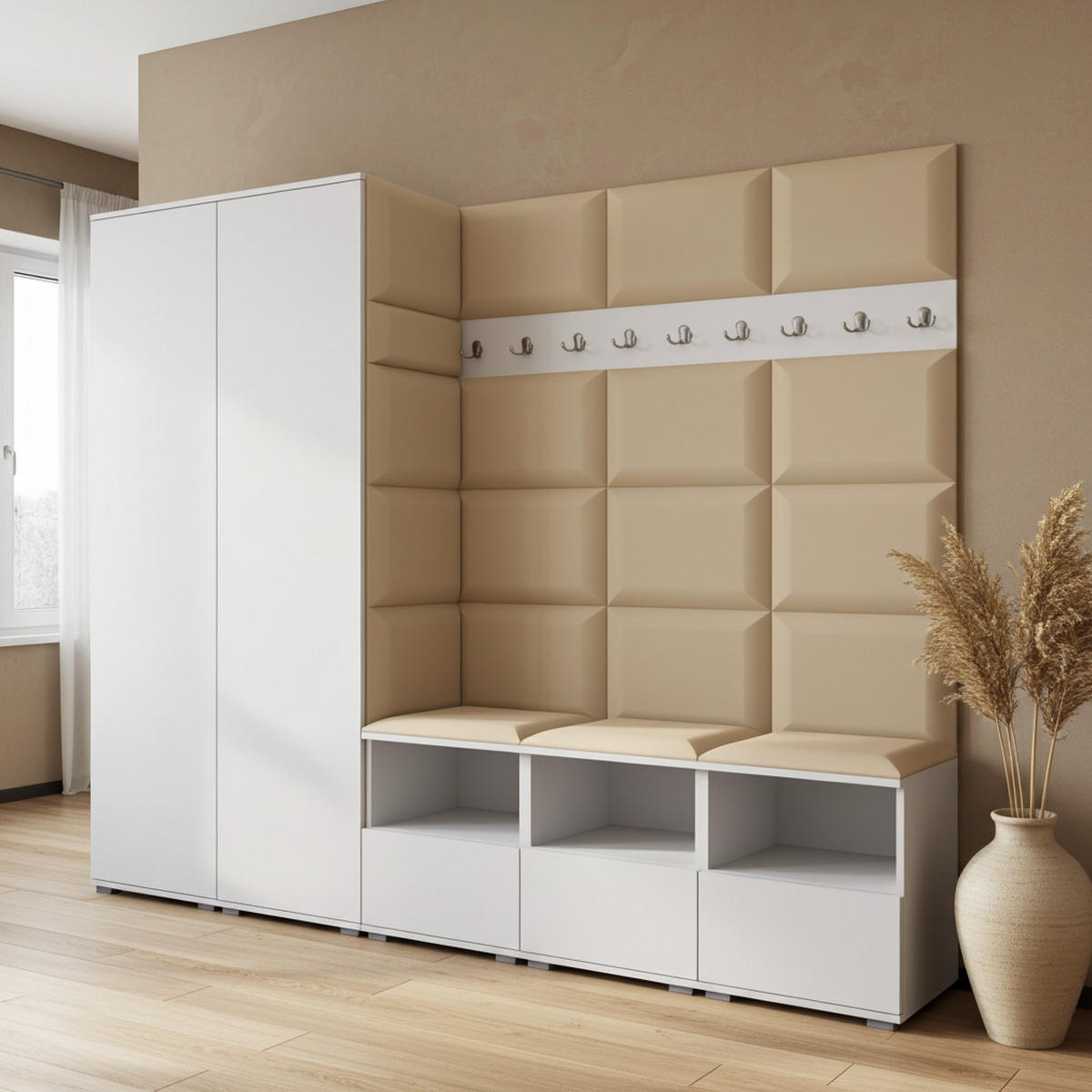GARDEROBE NELA VII 250 cm (Modulare Flurmöbel XL Weiß mit Sitzpolster Beige 04 2 Schränke) - Beige/Silberfarben, Holz/Holzwerkstoff (250/187/40cm) - Ravio