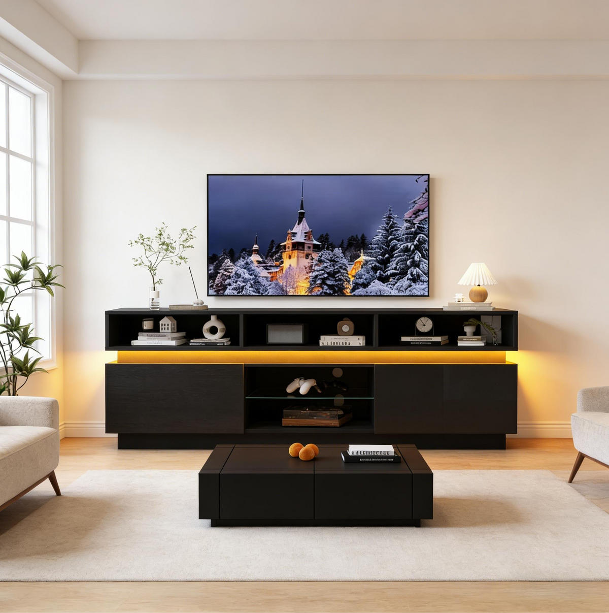 TV-ELEMENT mit LED 160 x 35 x 60 cm MDF Schwarz - Schwarz, Holzwerkstoff (35/60/160cm) - Beauniv