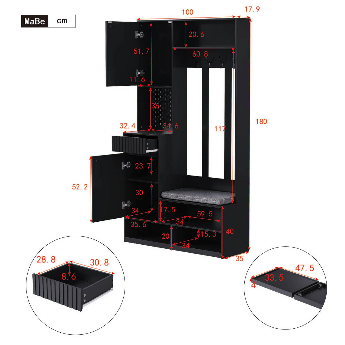 GARDEROBE 100/180/35 cm Schwarz aus MDF mit Sitzbank - Schwarz, Holzwerkstoff (35/180/100cm) - OKMYHOME