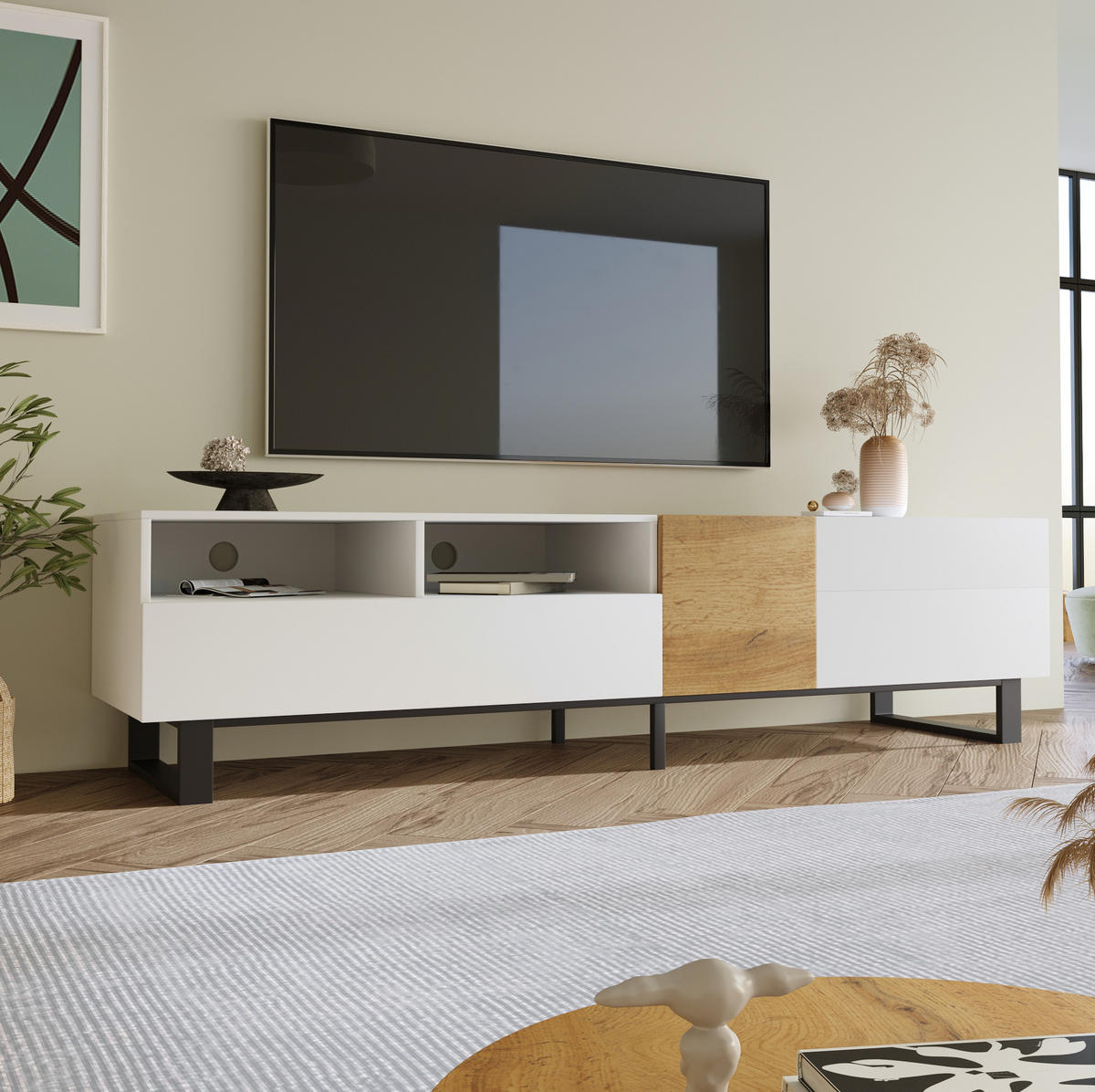 TV-SCHRANK aus MDF 180x38x50 cm Weiß und Holzoptik mit 2 Schubladen, 2 Türen und offenen Fächern - Weiß, Holzwerkstoff (180/50/38cm) - Modfu