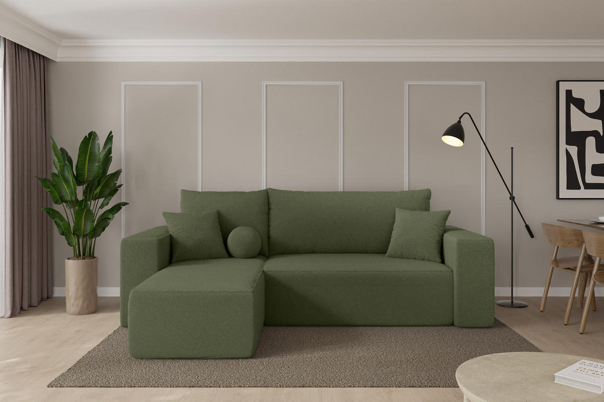 ROHOVÁ SEDAČKA s funkcí spaní, otoman vlevo SENO-L 249x139x85 zelená bouclé - černá/zelená barva, kompozitní dřevo/textil (249/139cm) - ALTDECOR