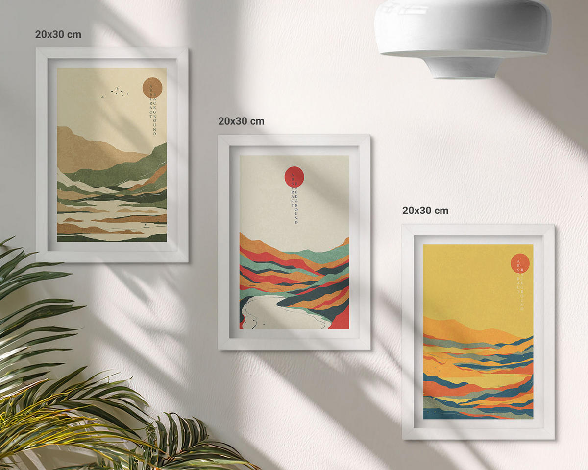 WANDBILDER 3er-Set - 20x30 cm Weißer Rahmen - Farbenfrohe Muster der Japandi-Flussberge - Weiß, Kunststoff (20/30cm) - ArtPrintCave