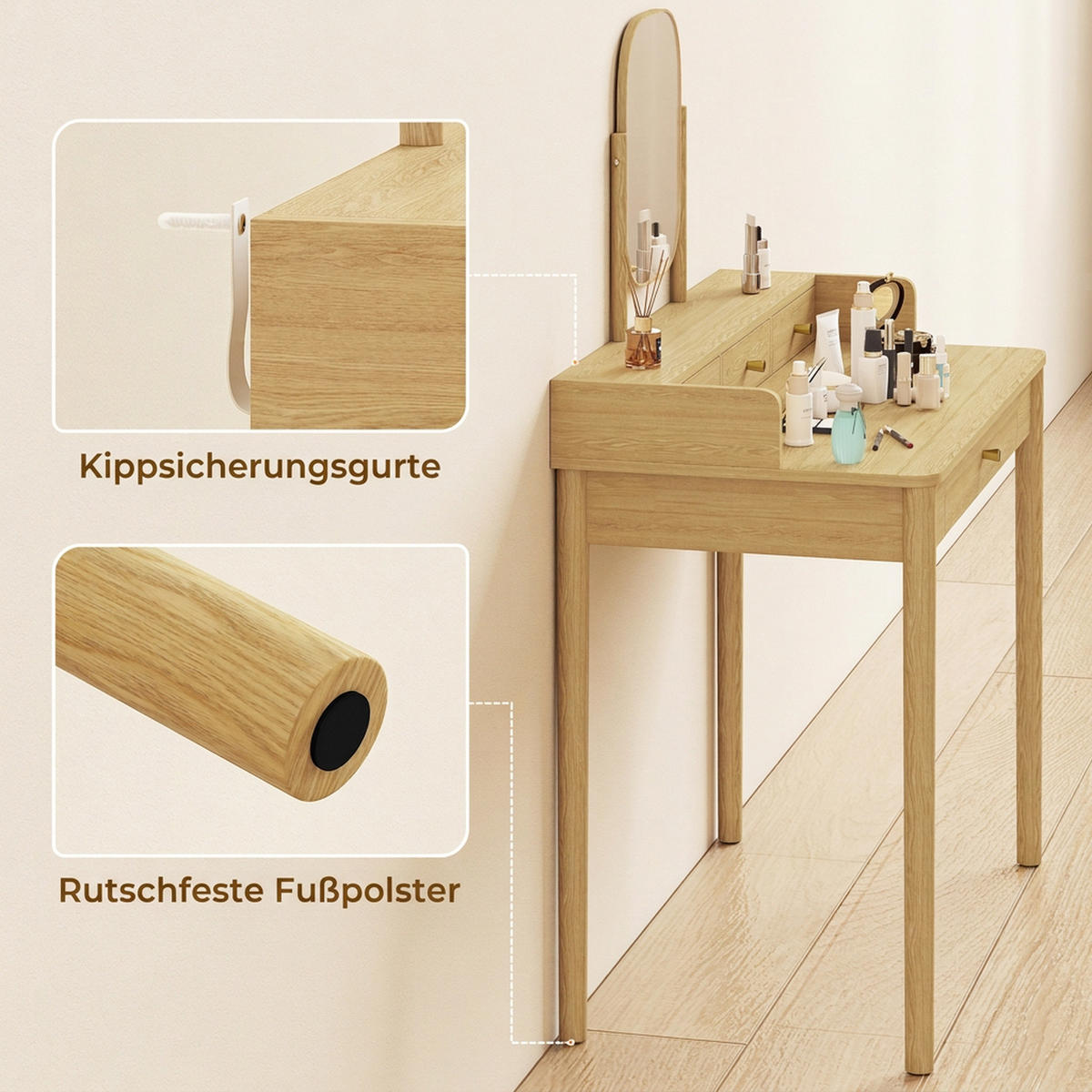FRISIERTISCH MDF Eiche - Eichefarben/Goldfarben, Holz/Holzwerkstoff (50/127.5/90cm) - HOMCOM