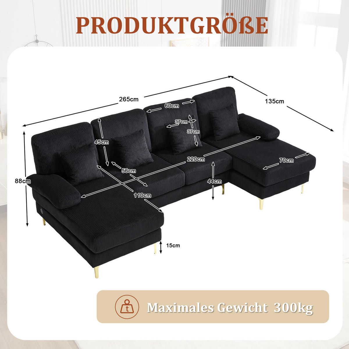 U-SOFA Wohnlandschaft Samt mit LED-Beleuchtung und USB-Anschluss 265/135/88 cm Schwarz - Schwarz, Textil (135/88/265cm) - Redom