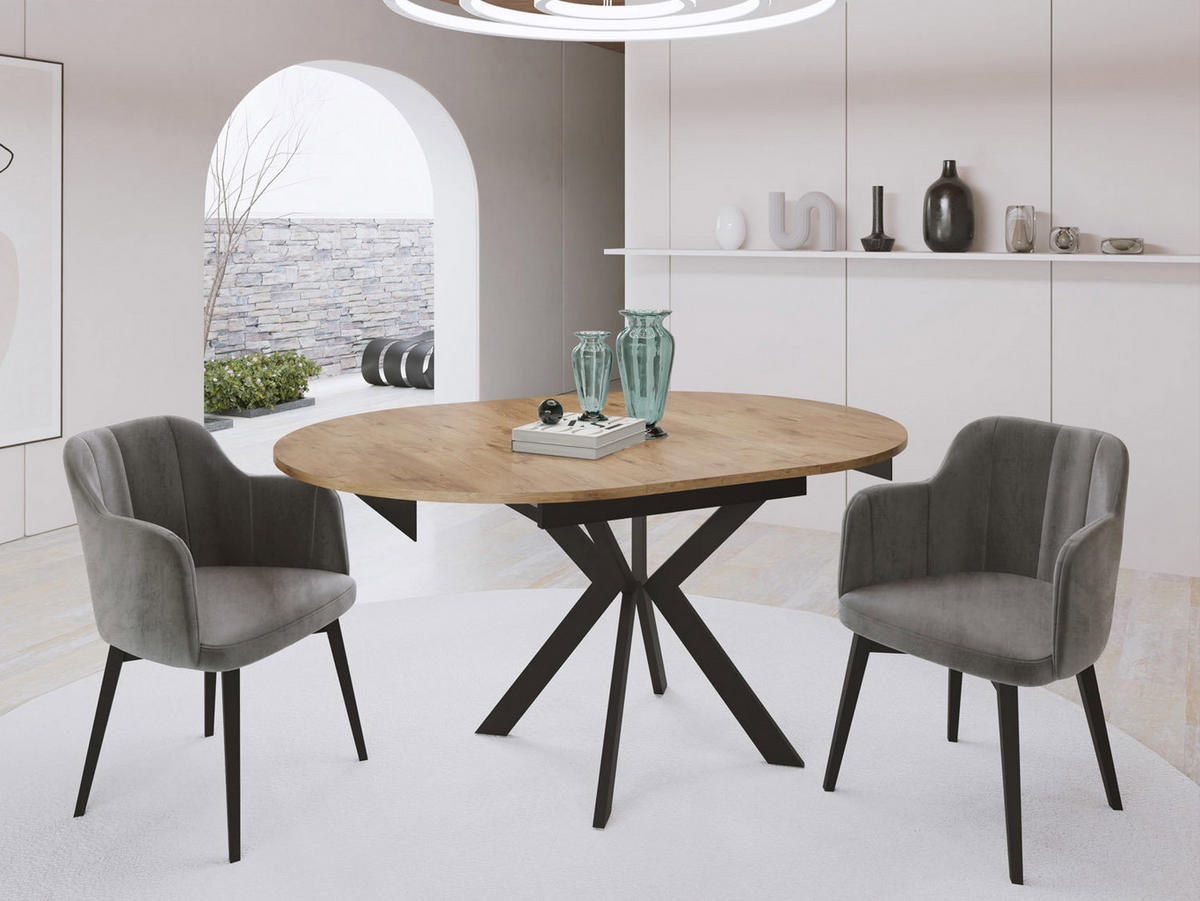 ESSTISCH Lily runder ausziehbarer, Lancelot Eiche 100-140/100/76 cm - Eichefarben/Schwarz, Holzwerkstoff/Metall (100/140/76cm) - WFL GROUP
