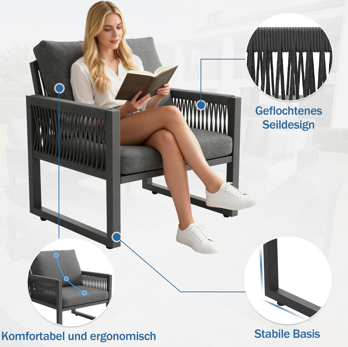GARTENLOUNGE 184/64/80 cm grau aus Metall, Glas und Polyester mit Tisch und Kissen - Grau, Metall - OKWISH