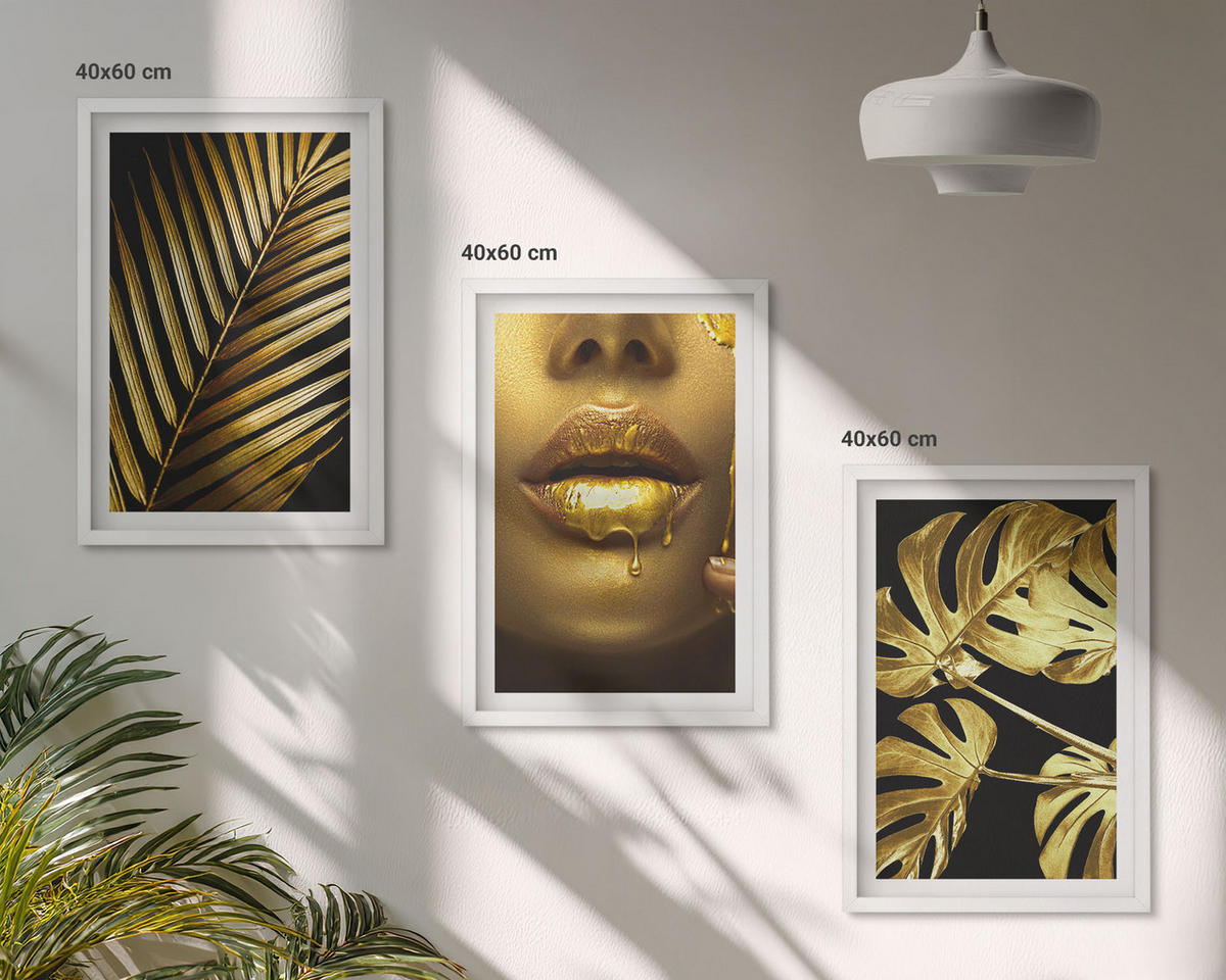 WANDBILDER 3er-Set - 40x60 cm Weißer Rahmen - Mund einer Frau mit Monstera-Palme - Weiß, Kunststoff (40/60cm) - ArtPrintCave