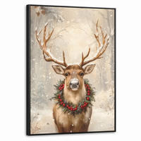 LEINWAND Bilder mit Rahmen - Weihnachten - Rentier - Winter - Kranz - 70x100 - Naturfarben, Textil (70/100cm) - MuchoWow