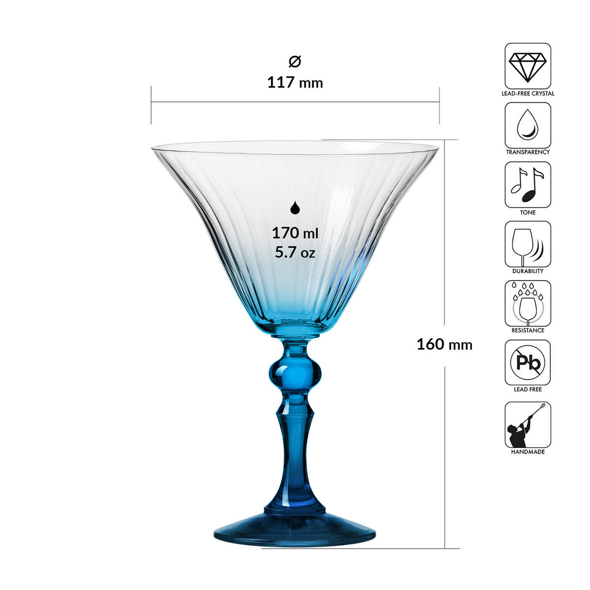 COCKTAILGLÄSER BUBBLE CELEBRATION MOMENTS MIT TÜRKISFARBENEM STIEL, 2ER-SET, 170 ML - Türkis/Transparent, Glas (0.17L) - Krosno Glass