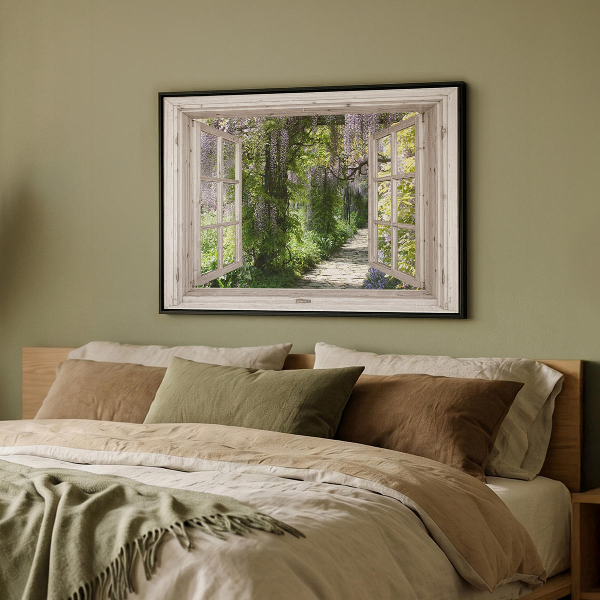 LEINWAND Bilder mit Rahmen - Blauer Regen - Blumen - Aussicht - Baum - Frühling - 80x60 - Grün, Textil (80/60cm) - MuchoWow